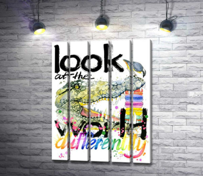 Модульная картина "Крокодил поглощает макароны за надписью "look at the world differently""