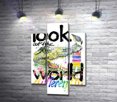 Модульная картина "Крокодил поглощает макароны за надписью "look at the world differently""