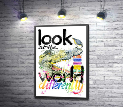 Постер "Крокодил поглощает макароны за надписью "look at the world differently""