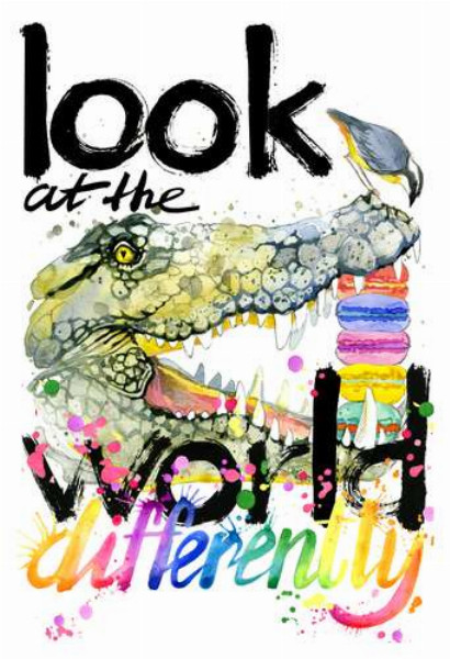 Крокодил поглощает макароны за надписью "look at the world differently"