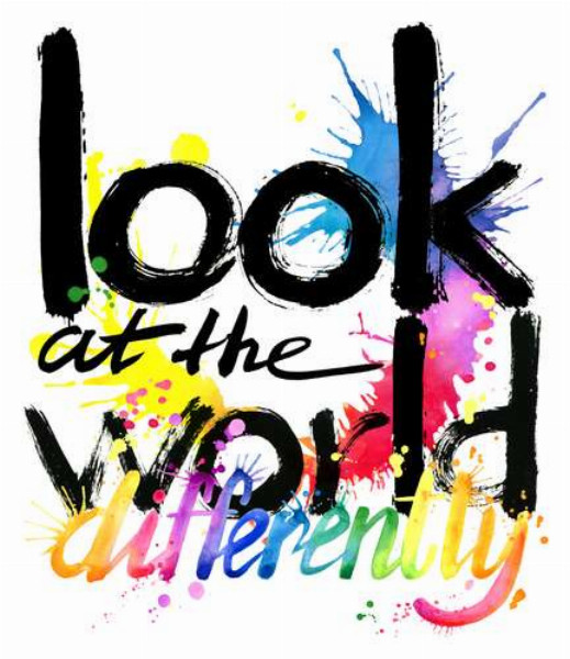 Надпись "look at the world differently" на фоне цветных пятен краски