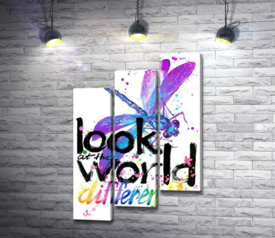 Фиолетовое насекомое стрекоза над надписью "look at the world differently"