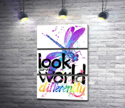 Фиолетовое насекомое стрекоза над надписью "look at the world differently"