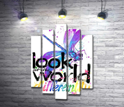 Фіолетова комаха бабка над написом "look at the world differently"