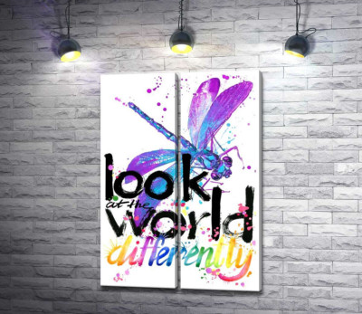 Модульная картина "Фиолетовое насекомое стрекоза над надписью "look at the world differently""