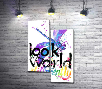 Фиолетовое насекомое стрекоза над надписью "look at the world differently"