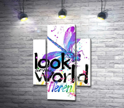 Модульна картина "Фіолетова комаха бабка над написом "look at the world differently""