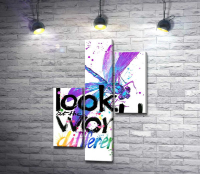 Фіолетова комаха бабка над написом "look at the world differently"