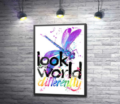Постер "Фіолетова комаха бабка над написом "look at the world differently""