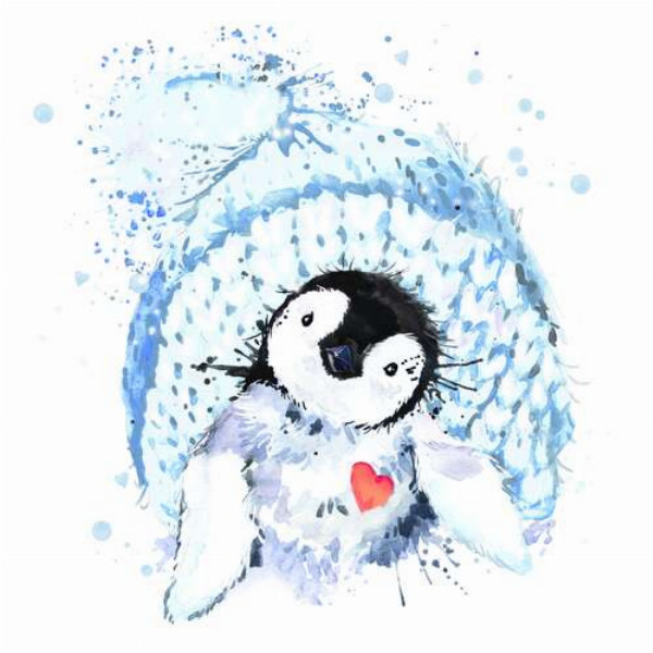 Пингвин с красным сердцем на фоне голубой шапки