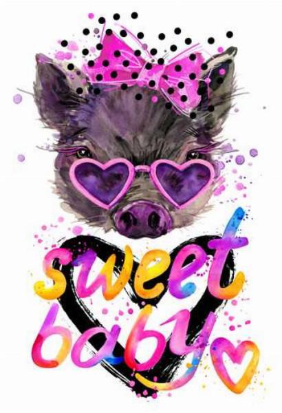 Свинка в розовых очках над надписью "sweet baby"