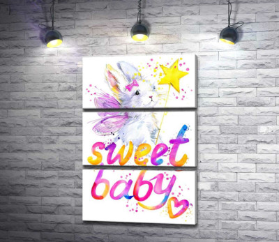 Модульна картина "Чарівний заєць з рожевими крилами над написом "sweet baby""
