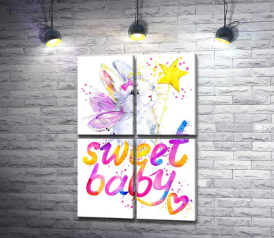Модульна картина "Чарівний заєць з рожевими крилами над написом "sweet baby""