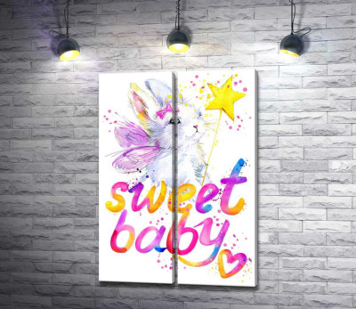 Очаровательный заяц с розовыми крыльями над надписью "sweet baby"