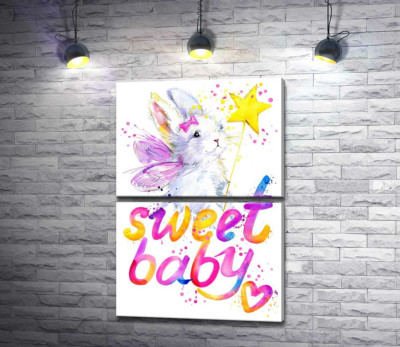 Модульна картина "Чарівний заєць з рожевими крилами над написом "sweet baby""
