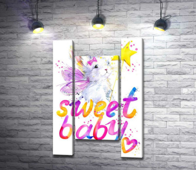 Модульна картина "Чарівний заєць з рожевими крилами над написом "sweet baby""