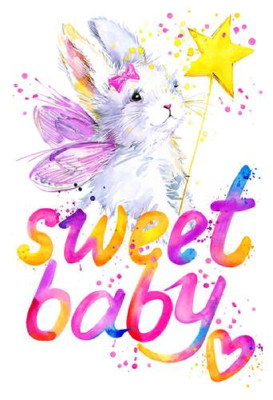 Чарівний заєць з рожевими крилами над написом "sweet baby"