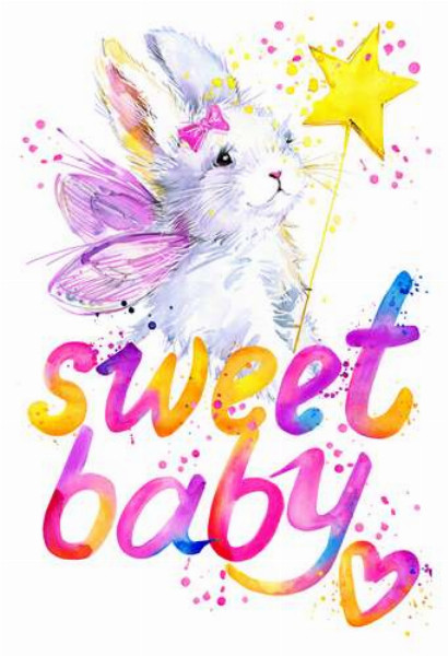 Очаровательный заяц с розовыми крыльями над надписью "sweet baby"