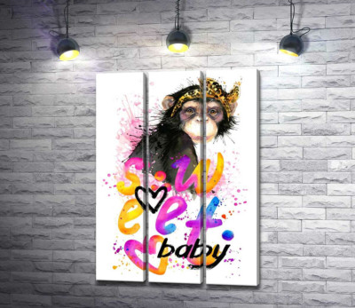 Модульная картина "Модная обезьяна сидит над надписью "sweet baby""