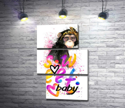 Модульная картина "Модная обезьяна сидит над надписью "sweet baby""