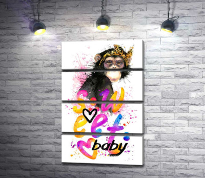 Модульная картина "Модная обезьяна сидит над надписью "sweet baby""