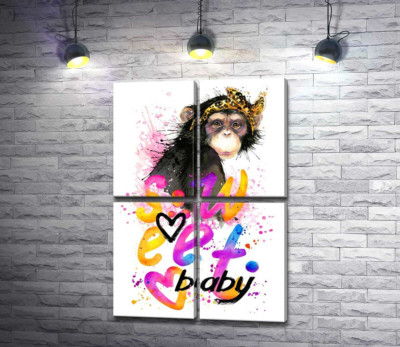 Модная обезьяна сидит над надписью "sweet baby"