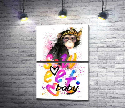 Модна мавпа сидить над написом "sweet baby"