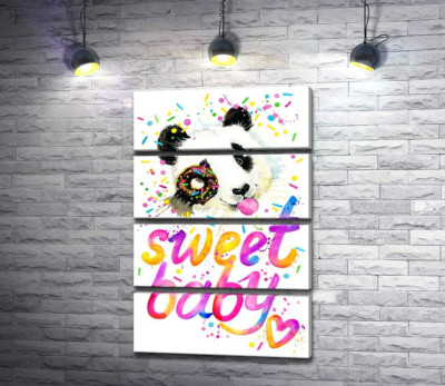 Модульна картина "Весела панда з донатсом та написом "sweet baby""