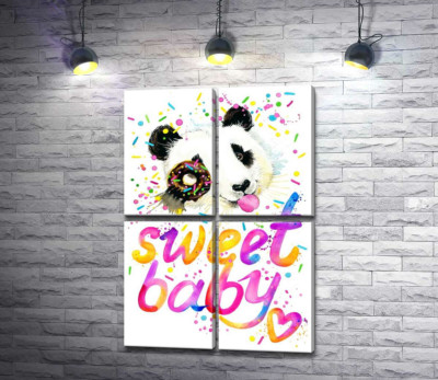 Модульна картина "Весела панда з донатсом та написом "sweet baby""
