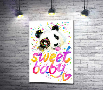 Веселая панда с донатсом и надписью "sweet baby"