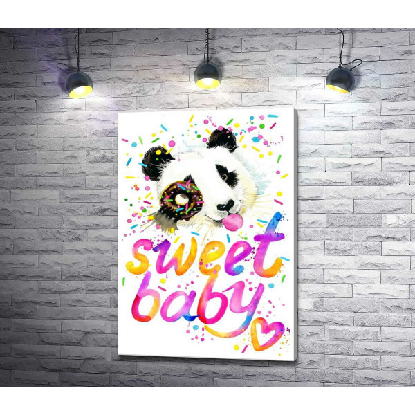Весела панда з донатсом та написом "sweet baby"