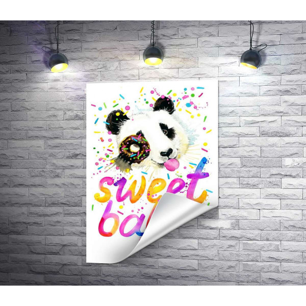 Веселая панда с донатсом и надписью "sweet baby"