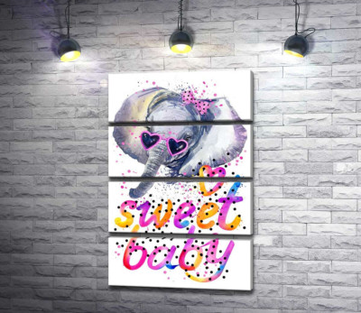 Модульна картина "Сірий слон в рожевих окулярах над написом "sweet baby""