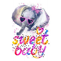 Серый слон в розовых очках над надписью "sweet baby"