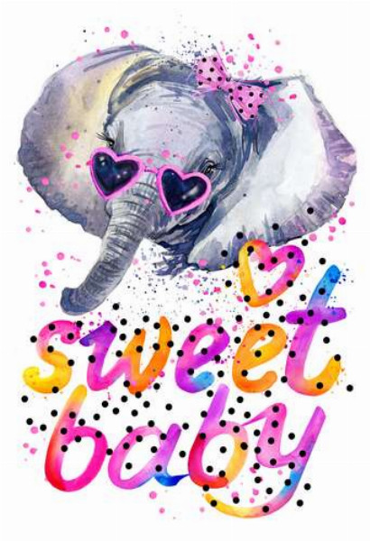 Серый слон в розовых очках над надписью "sweet baby"