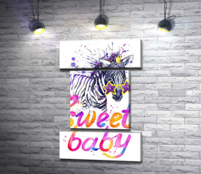Модульна картина "Полосата зебра в зіркових окулярах поряд з написом "sweet baby""