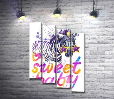 Модульна картина "Полосата зебра в зіркових окулярах поряд з написом "sweet baby""