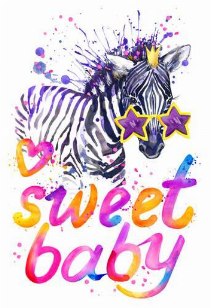 Полосатая зебра в звездных очках рядом с надписью "sweet baby"