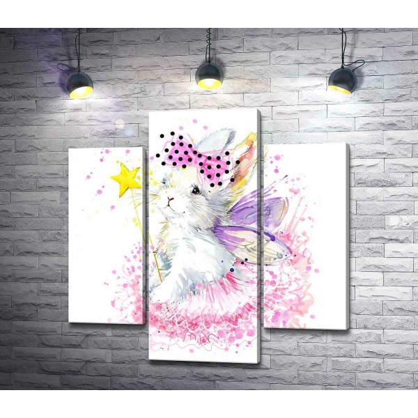 Белый зайчик-фея с фиолетовыми крылышками и волшебной палочкой