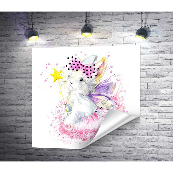Білий зайчик-фея з фіолетовими крильцями та чарівною паличкою