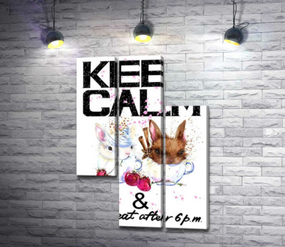 Зайці у чашках з кавою між написом "keep calm and don't eat after 6 p.m."