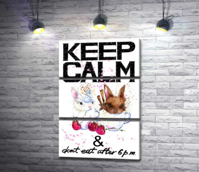 Зайці у чашках з кавою між написом "keep calm and don't eat after 6 p.m."