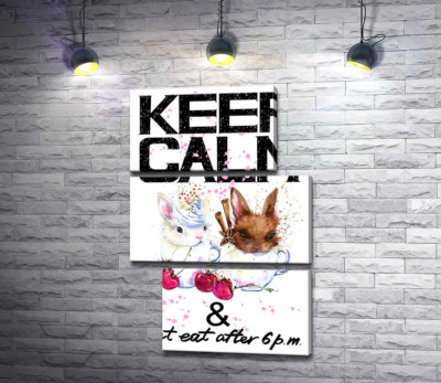 Модульная картина "Зайцы в чашках с кофе между надписью "keep calm and don't eat after 6 p.m.""