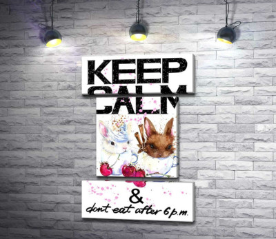 Зайці у чашках з кавою між написом "keep calm and don't eat after 6 p.m."