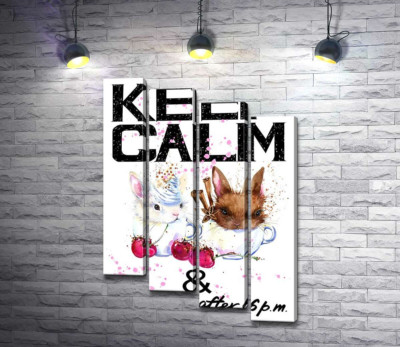 Зайці у чашках з кавою між написом "keep calm and don't eat after 6 p.m."