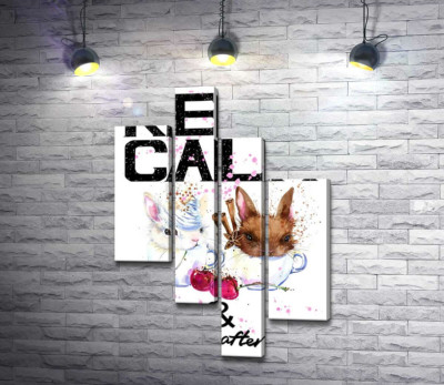 Зайцы в чашках с кофе между надписью "keep calm and don't eat after 6 p.m."