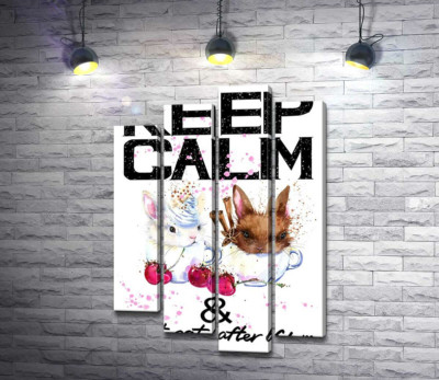 Модульная картина "Зайцы в чашках с кофе между надписью "keep calm and don't eat after 6 p.m.""