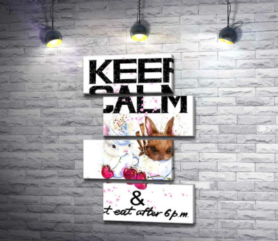 Модульная картина "Зайцы в чашках с кофе между надписью "keep calm and don't eat after 6 p.m.""