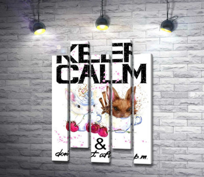 Зайці у чашках з кавою між написом "keep calm and don't eat after 6 p.m."