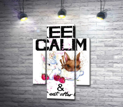 Зайці у чашках з кавою між написом "keep calm and don't eat after 6 p.m."